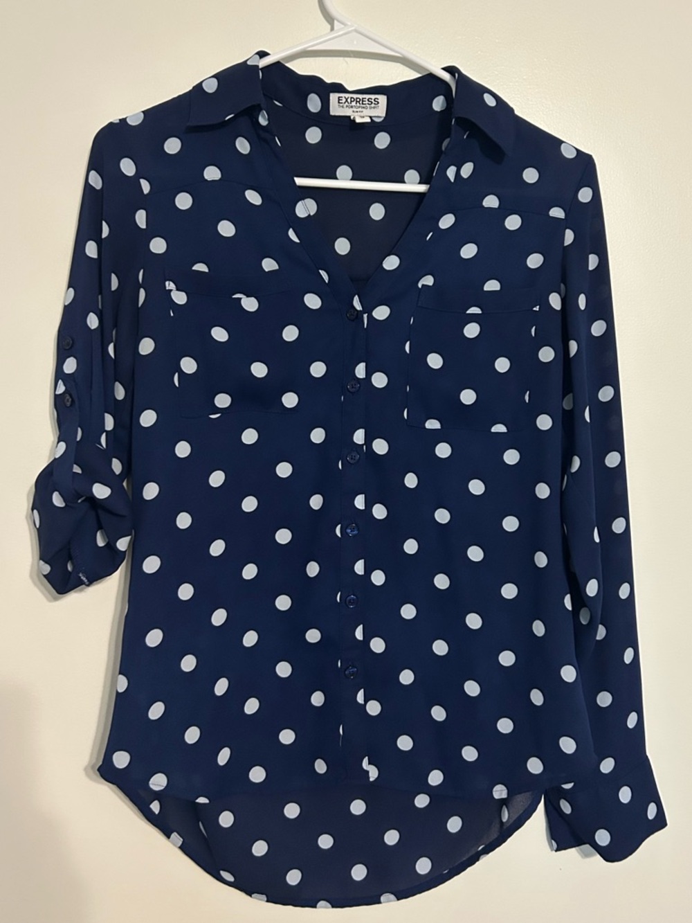 Express Portofino Shirt Slim Fit XS Navy Blue White Polka Dots